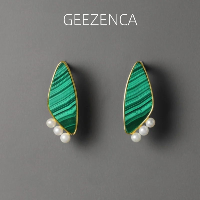 

GEEZENCA 925 Sterling Silver Natural Malachite Pearl Earrings For Women Green Stone 18K Gold Designer Chic Earring 2024 New Gift