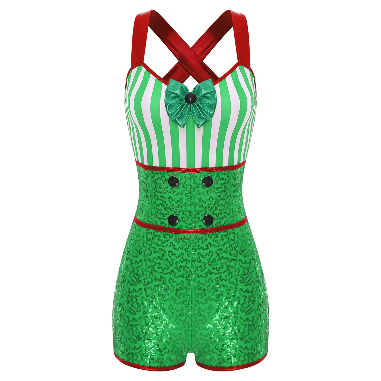 Kostum Tari Natal Wanita Bodysuit Candy Cane Leotard Santa Claus Bergaris Payet Jumpsuit Pesta Natal Tahun Baru Pertunjukan