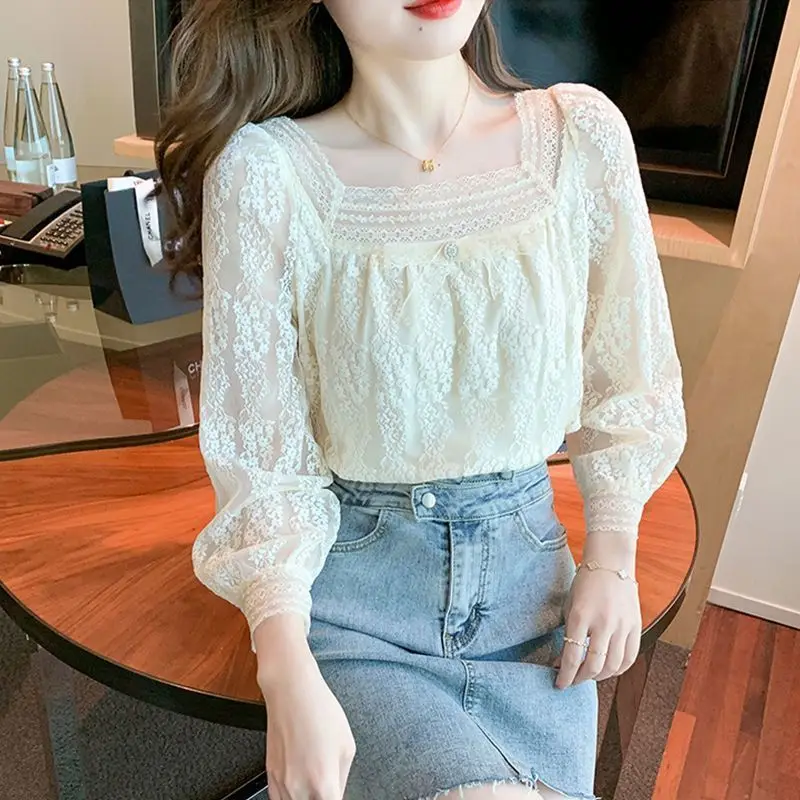 Women Stylish Lace Patchwork Sweet Blouses Square Collar Elegant Chic Shirts Casual Solid Loose Long Sleeve Tops Blusas De Mujer