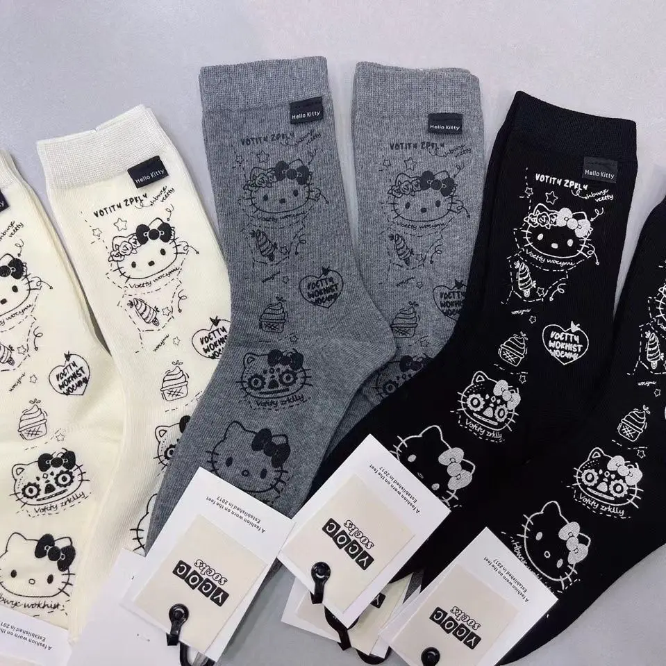 Hello Kitty High Tube Long Socks Sanrio Pure Cotton Cute Cartoon Socks Wear Resistant Versatile Comfortable Student Long Socks