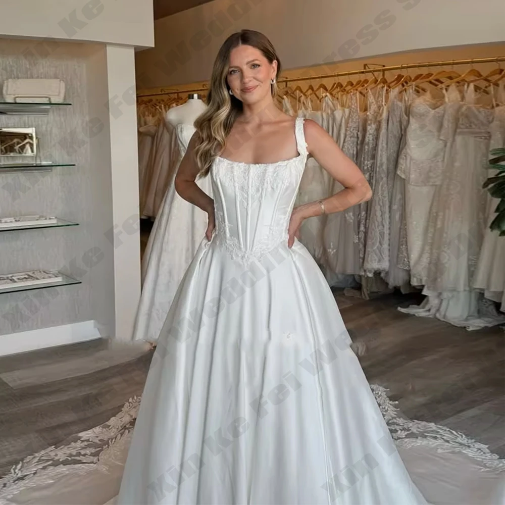 Simple A-line Satin Wedding Dresses Sleeveless Lace Appliques Bridal Dress 2026 Long Bride Gown Vestidos De Novia Customized