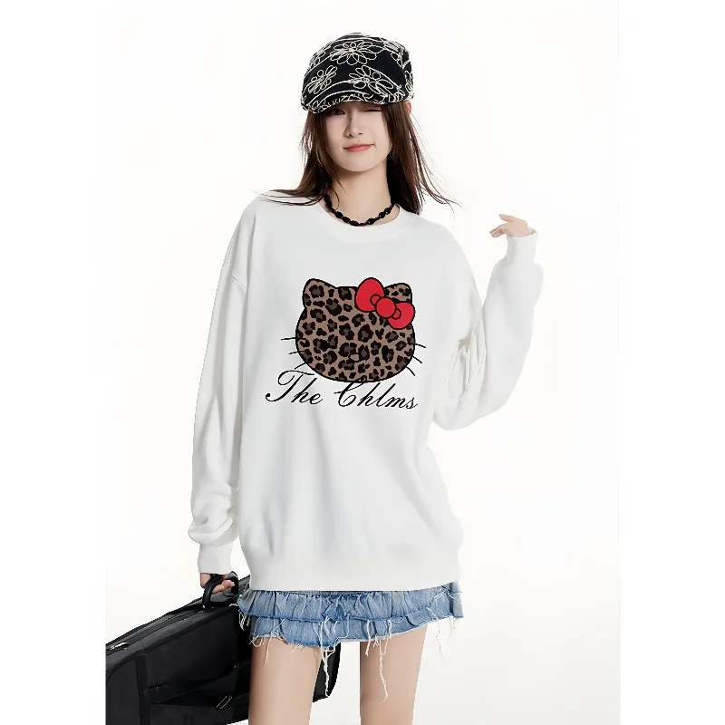 

New Leopard Print Hello Kitty 3D Printed Long Sleeved T-shirt, Loose and Casual, Versatile, Quick Drying Top, Trendy
