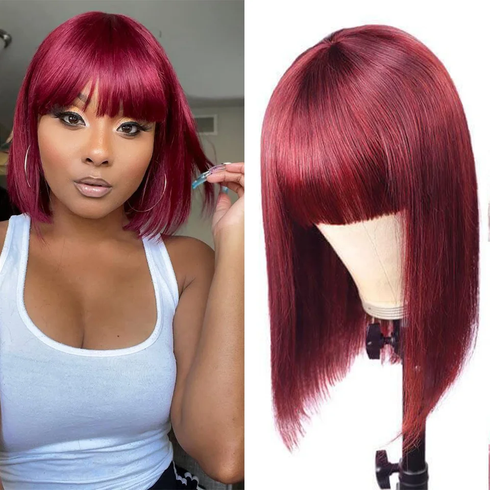 

Synthetic Hair 99J Burgundy Red Short Colored Wig with Fringe for Women Straight Hair Red Bob Wigs With Bangs for Cosplay Party