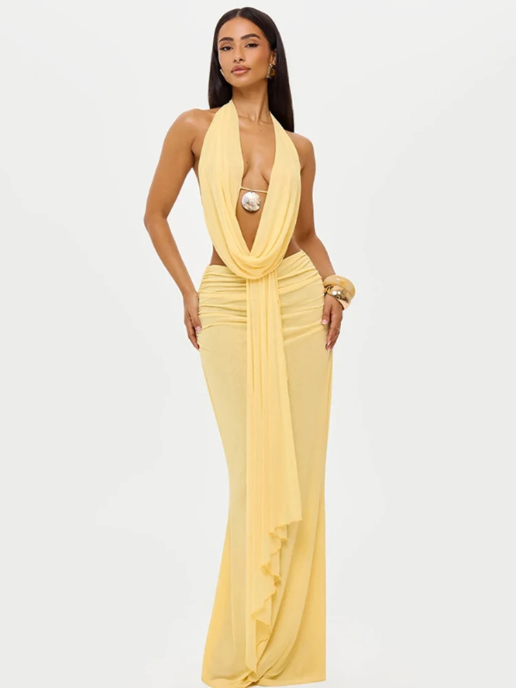 Ensemble jupe 2 pièces bleu pour femme, collection été 2026, sexy, avec crop top à col halter et jupe longue plissée, idéal pour la plage, les vacances et les soirées