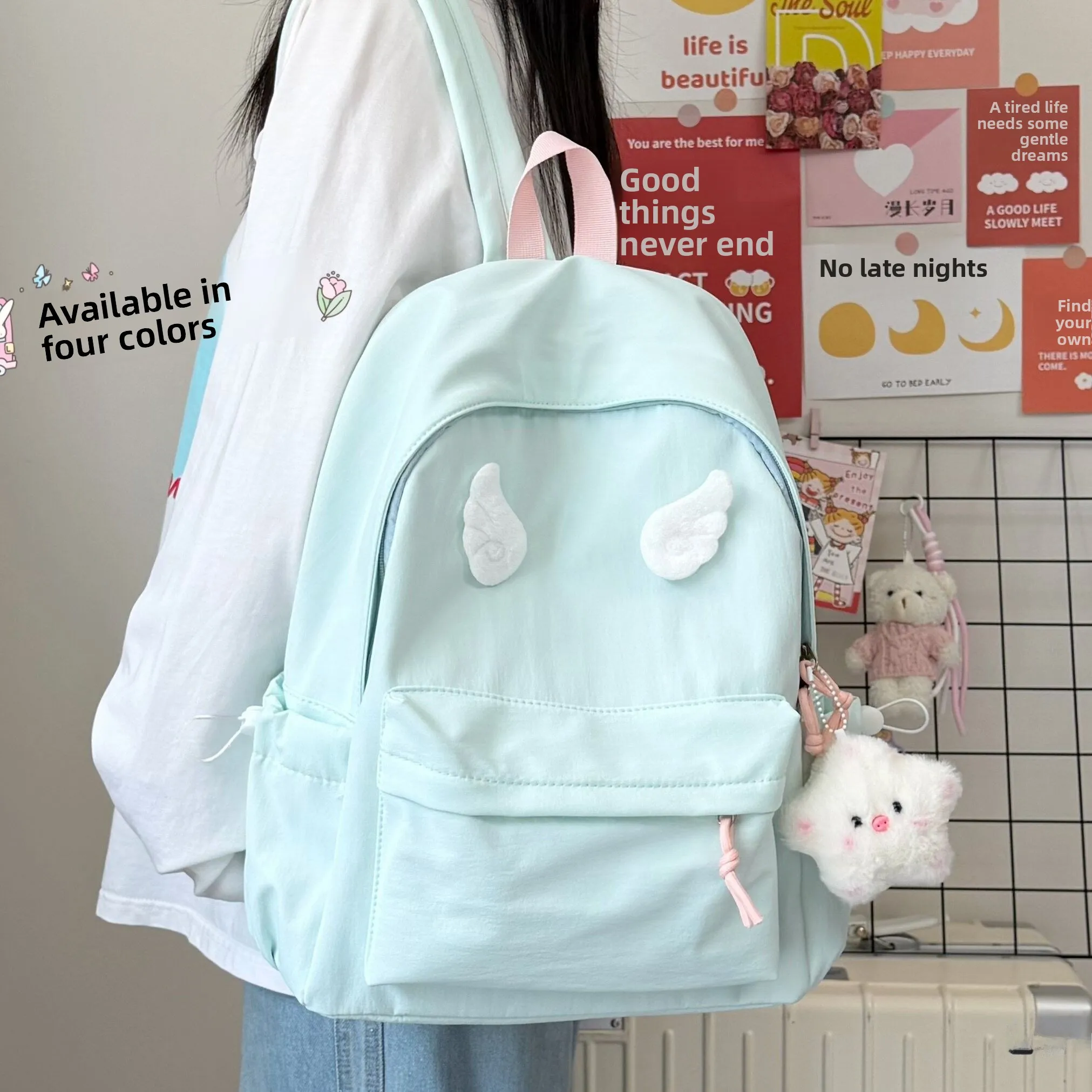 Angel Wing School Bag Lightweight Large Capacity Simple Match Girl Student Backpack Fashionable Polyester Fabric Daily Use