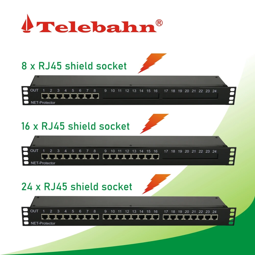 Telebahn 1000Mbps 48V CAT6 19 ''Rack 24 Ports RJ45 Ethernet Gigabit Surge Protector Suppressor POE Device