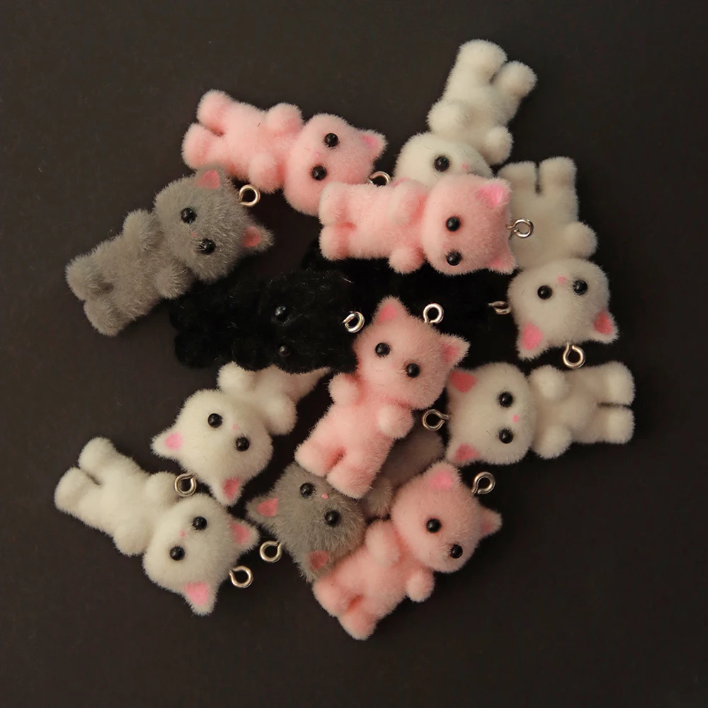 

30PCS Cat Pendant Kawaii 3D Fluffy Flocking Animal Cat Charms Miniature Dolls Keychain Necklace Pendant DIY Crafts Jewelry Make