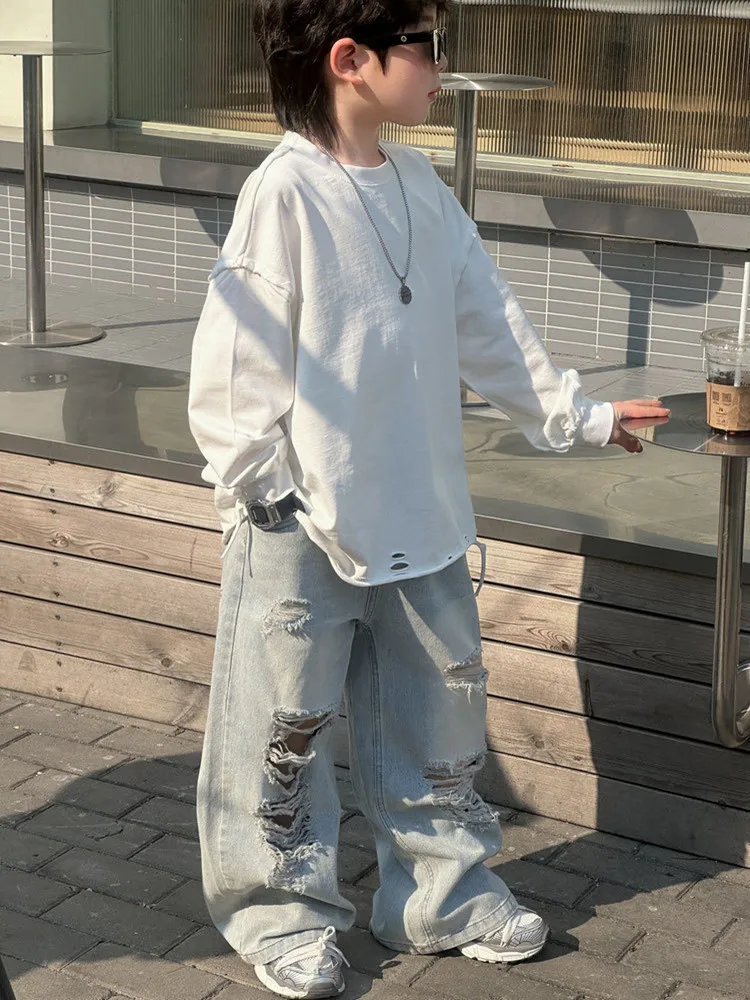 

Children's Ripped Hole Pants Spring Autumn Boys Denim Pants Children's Wide-Leg Trousers Fashion StreetWear Boys Jeans 2-8 Years