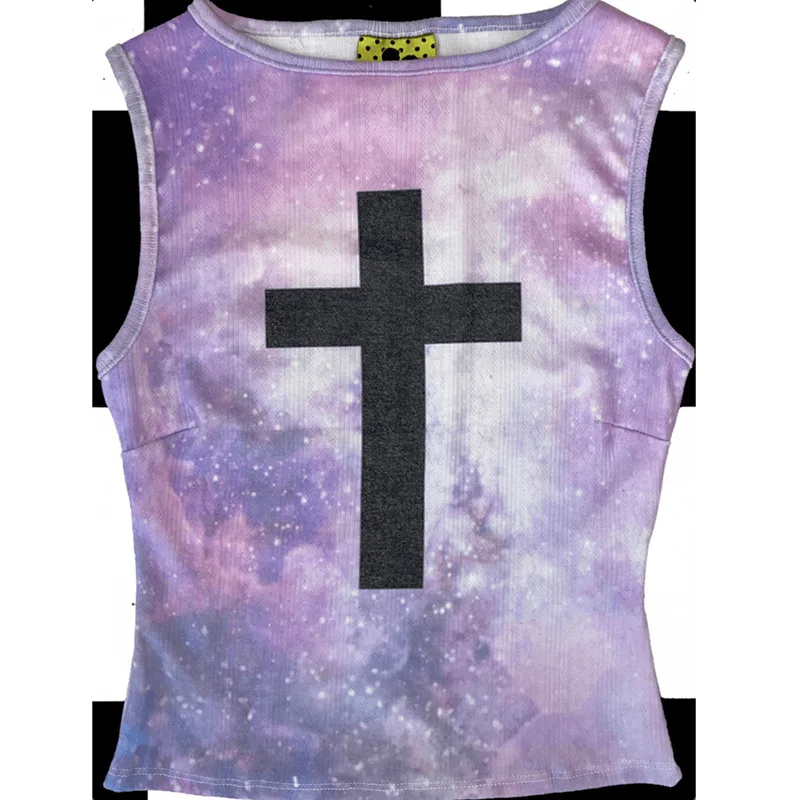 Y2K Retro-Weste mit Nebula-Kreuz-Print, ärmellos, schmal geschnitten, für amerikanischen und europäischen Street-Style