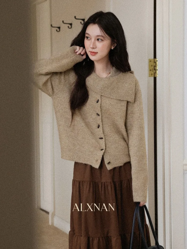 Alxnan camisola feminina marrom chique grande lapela malha pulôver outono inverno solto-ajuste casual manga longa quente senhoras topos l58019