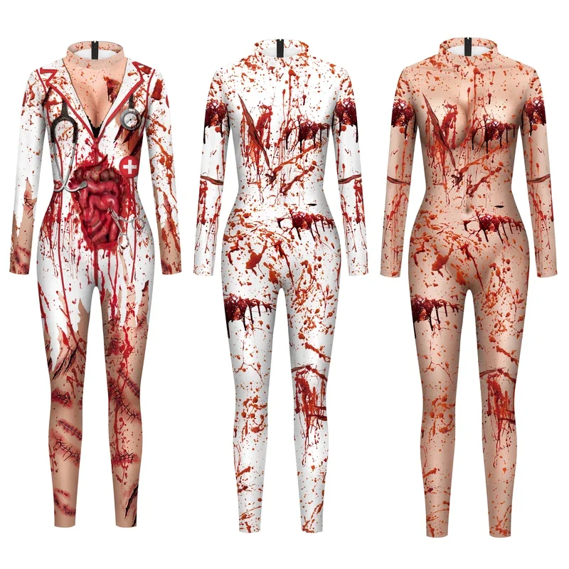 [You're My Secret] Halloween Women Cosplay Scary Blood Scar Printing Nurse Uniform Sexy Slim Bodysuit Zenti Party Costumes