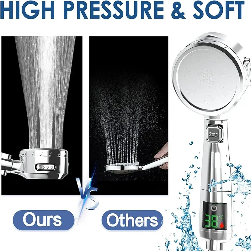 

High Pressure Handheld Bathroom Shower Head Water Saving Showerhead Pressurized Adjustable Spray LED Digital Temperature Display