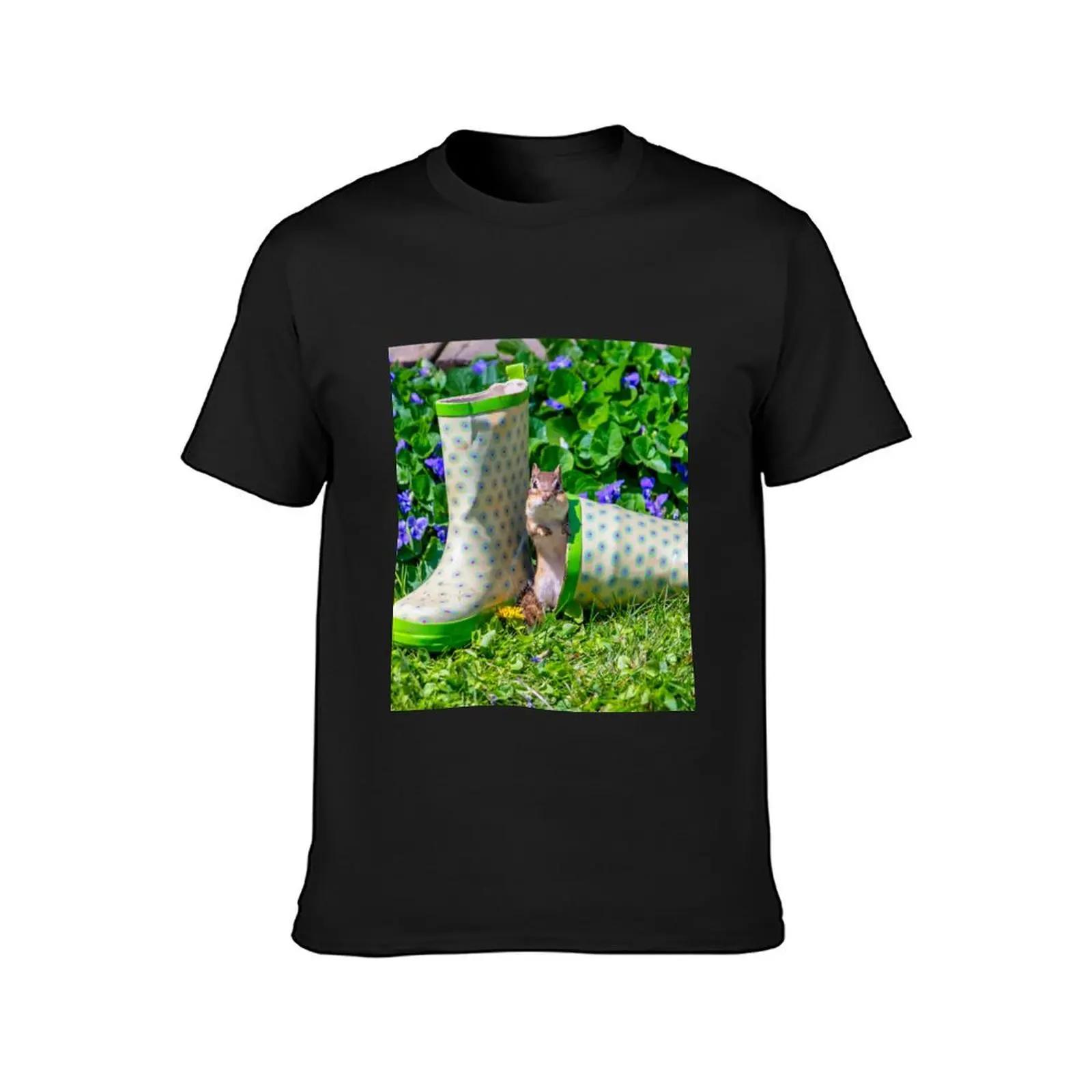 Chipmunk and rain boots in spring T-shirt graphics customizeds for a boy T-shirts for men cotton