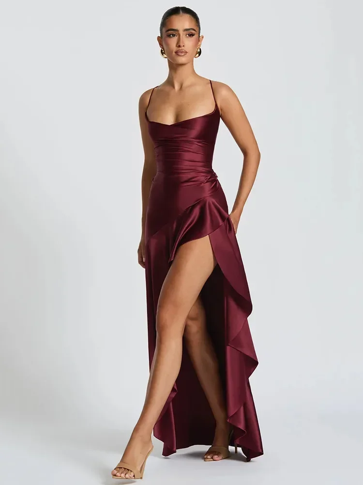 สปาเก็ตตี้หรูหราซาตินแยก Maxi ชุดผู้หญิงเซ็กซี่ Backless Bodycon Party ชุดราตรีฤดูร้อน Holiday Beachwear