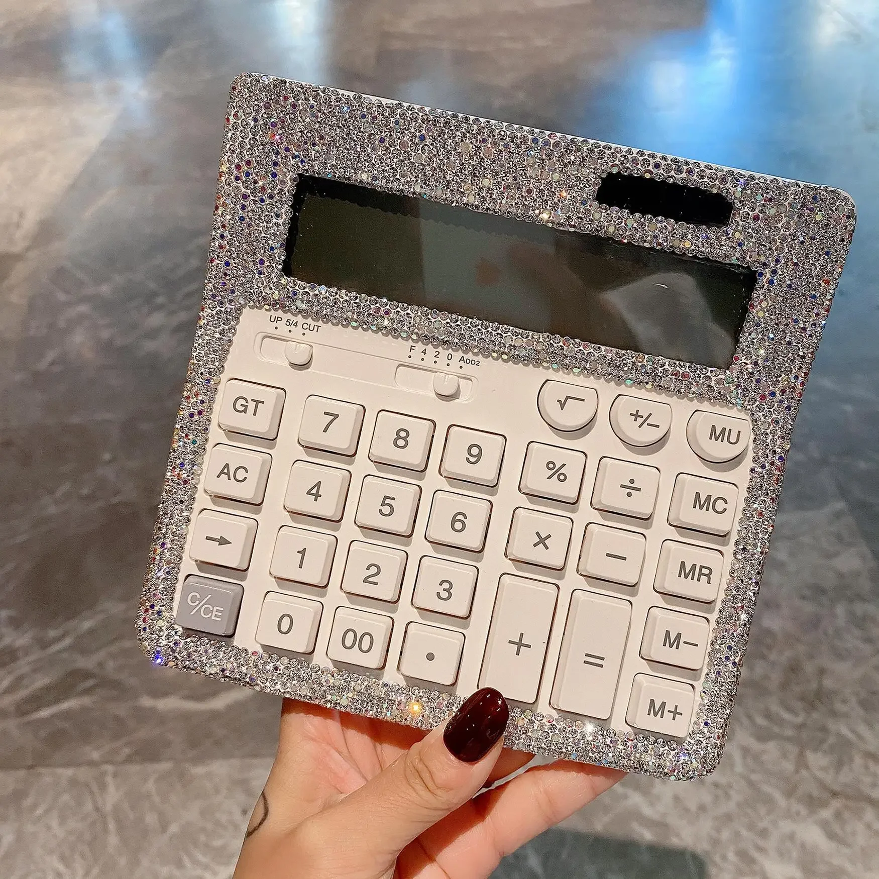 Luxury Rhinestone Calculator 12 Digits Solar Desktop Calculator with Dual Power Supply Home Office School Accounting Tools