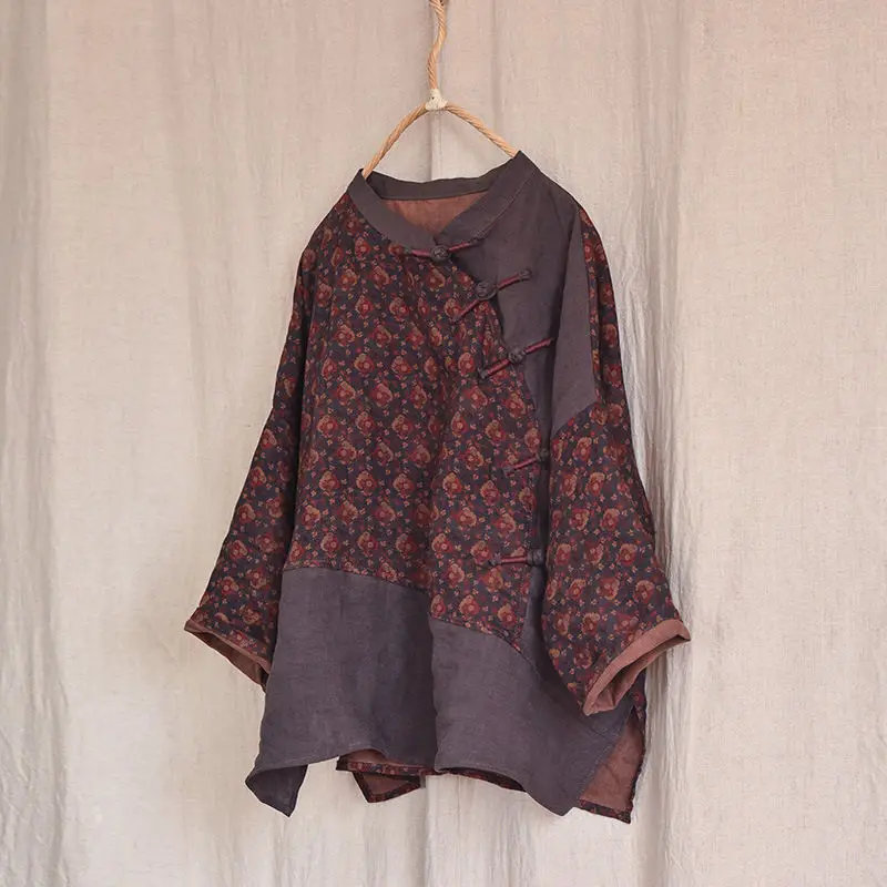 

2025 New Spring Cotton and Linen Patchwork Blouse Women Chinese Style Retro Pan Buckle Slanted Collar Short Womens Shirt