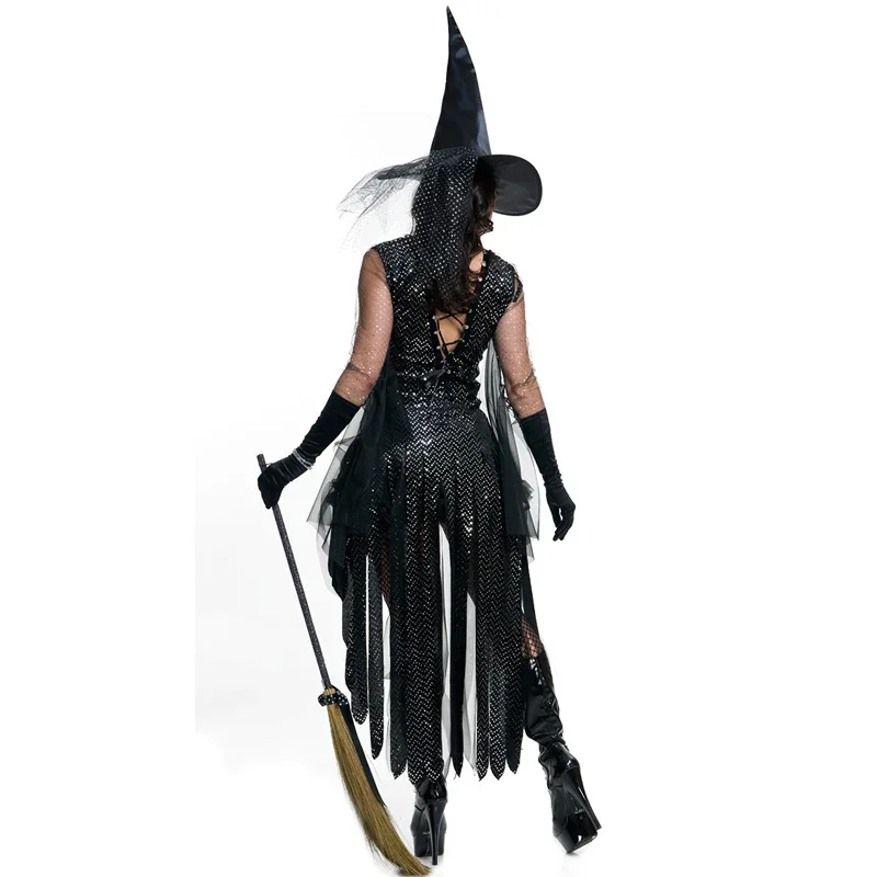 Halloween Ladies Black Sequins Witch Costume Adult Women Book Day Wicked Sorceress Fancy Dress