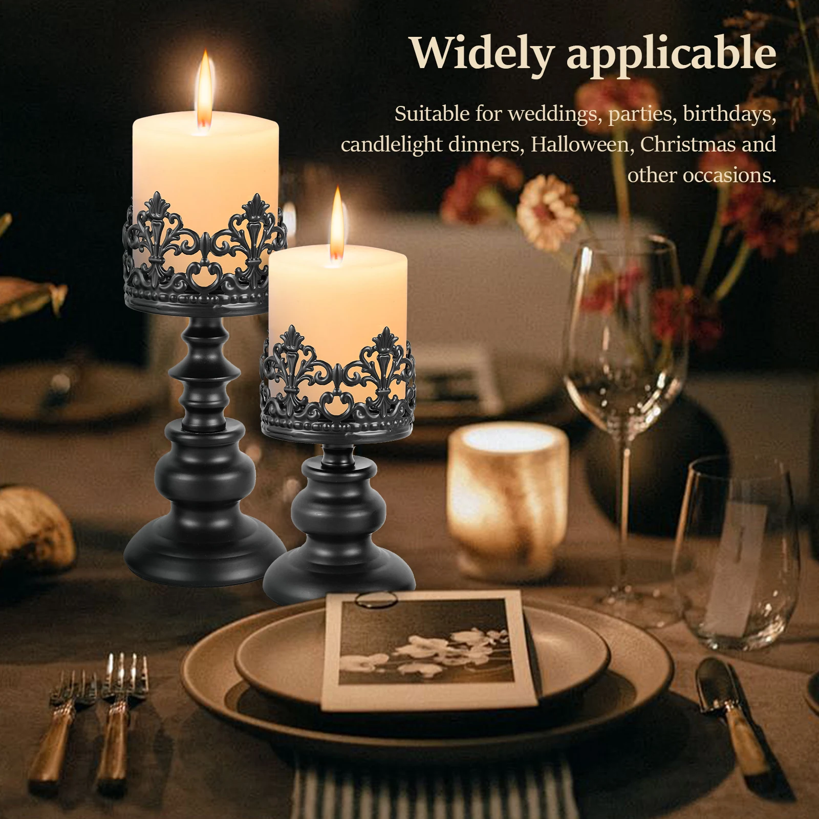 2pcs Distressed Black Candle Holders for Pillar Candles, Vintage Crown Candle Stands Decor, Tall Antique Metal Candle Holder Set