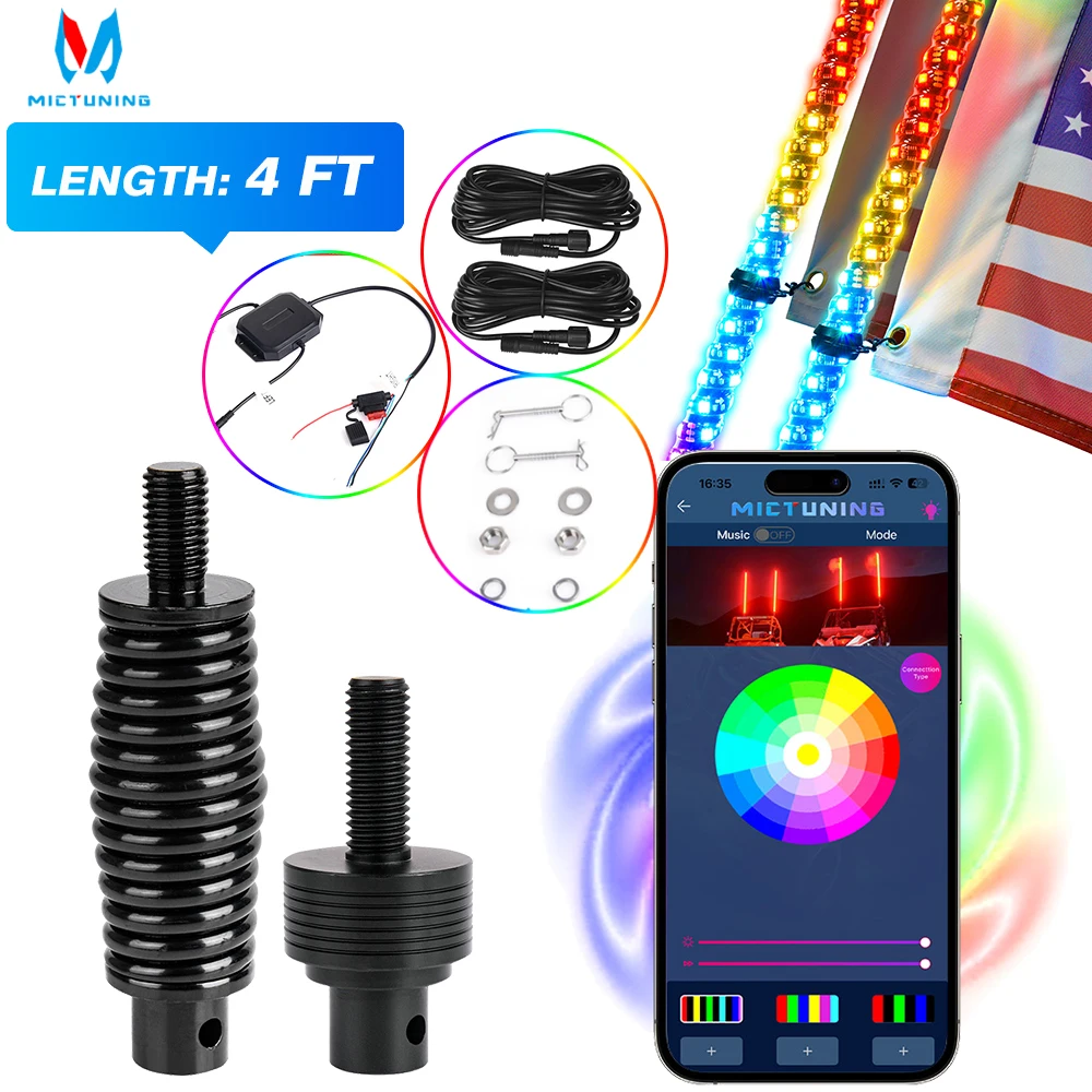 MICTUNING LED 2Pcs 4FT Colorful Flagpole Lights With Bluetooth App And RGB+IC Chasing Color Antenna Whips for 4X4 Offroad Truck