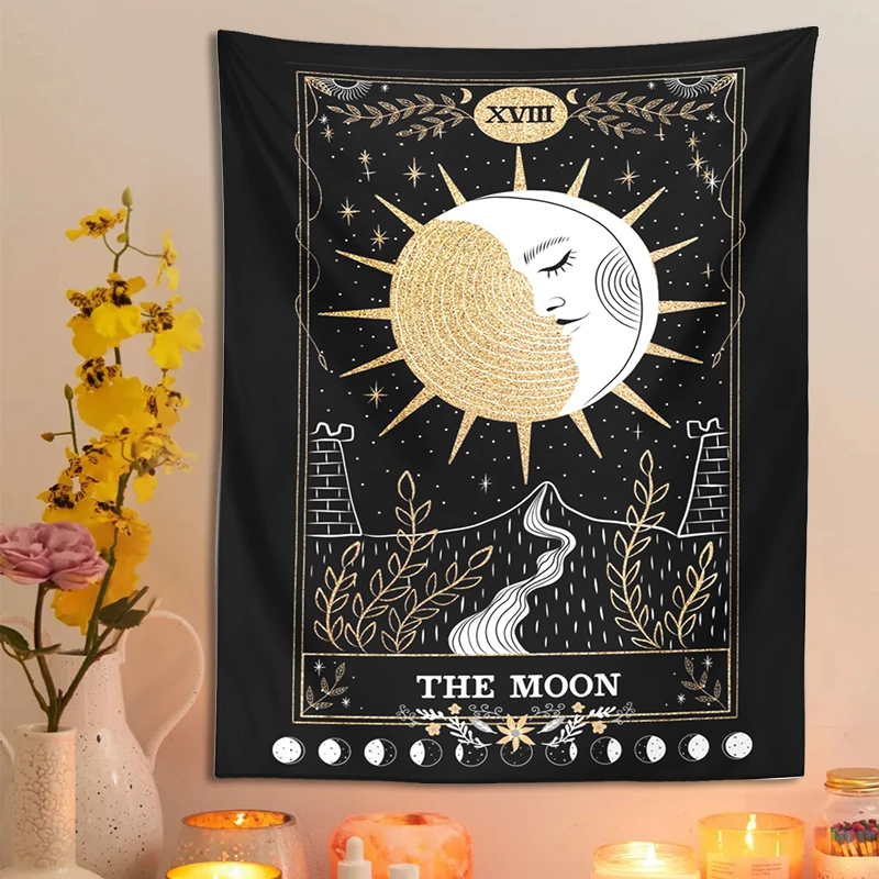 Sun Moon Tarot Tapestry Wall Hanging Black Astrology Divination Bedspread Beach Mat Hanging Cloth Divination Bed Cover Decor