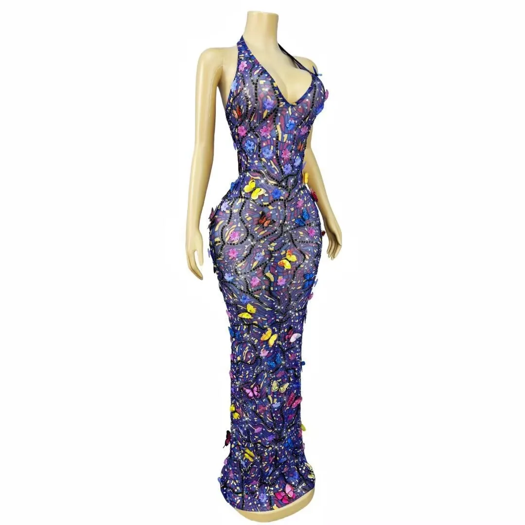 High-end Handmade Flowers Butterflies Rhinestones Sexy V-neck Backless Dress Women Evening Red carpet Elegant Gowns Stage Wear view 4