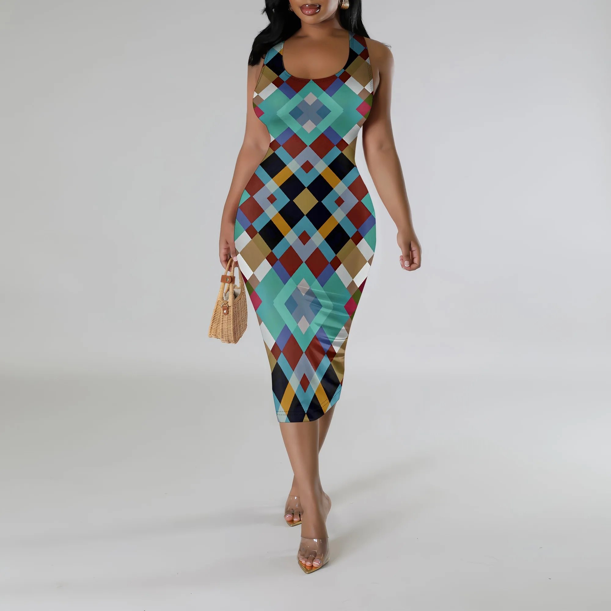 

Nupusa Geometric Print Dress for Women Regular Size Summer Casual Sleeveless Midi Dress