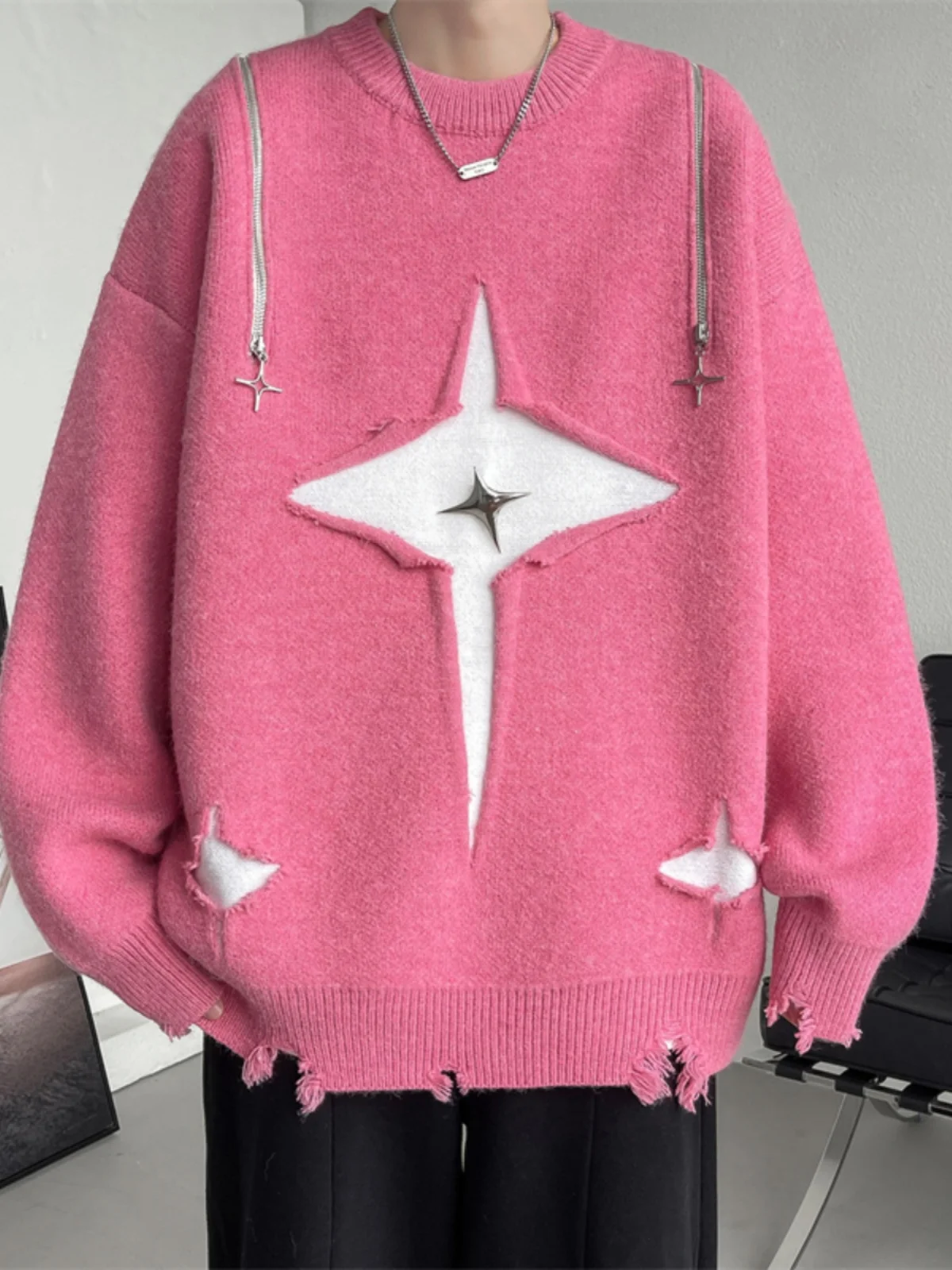 

Men's Knitted Sweater Winter New Sle Hole Design Casual Loose Fit Couple's High Street Lazy Sle Knitwear round Ne Long ...