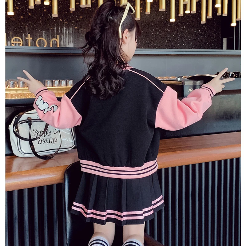 4 5 6 8 10 12 14Y Junior Girls Baseball Suit Spring  Autumn Fashion Splicing Letters Print Coats+Pleated Skirt 2Pcs Student Set