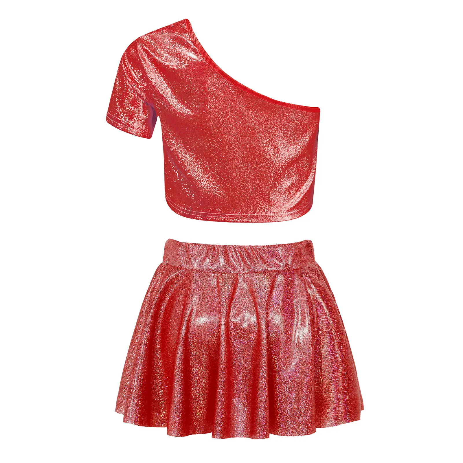 Kids Girls Latin Jazz Dance Cheerleader Outfit Performance Costume Metallic Shiny One Shoulder Crop Top Skirts Set  3-16 Years