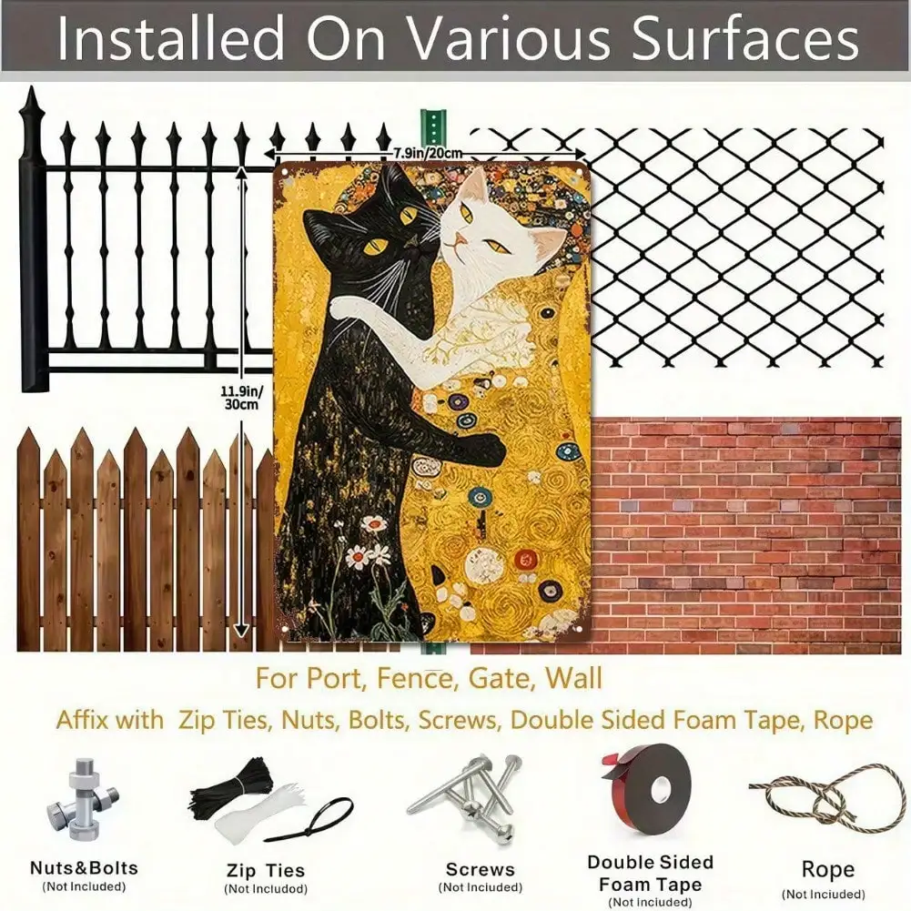 Panneau d'art mural en métal chat noir et blanc Vintage, Plaque en fer rétro 8x12 pouces avec Floral doré