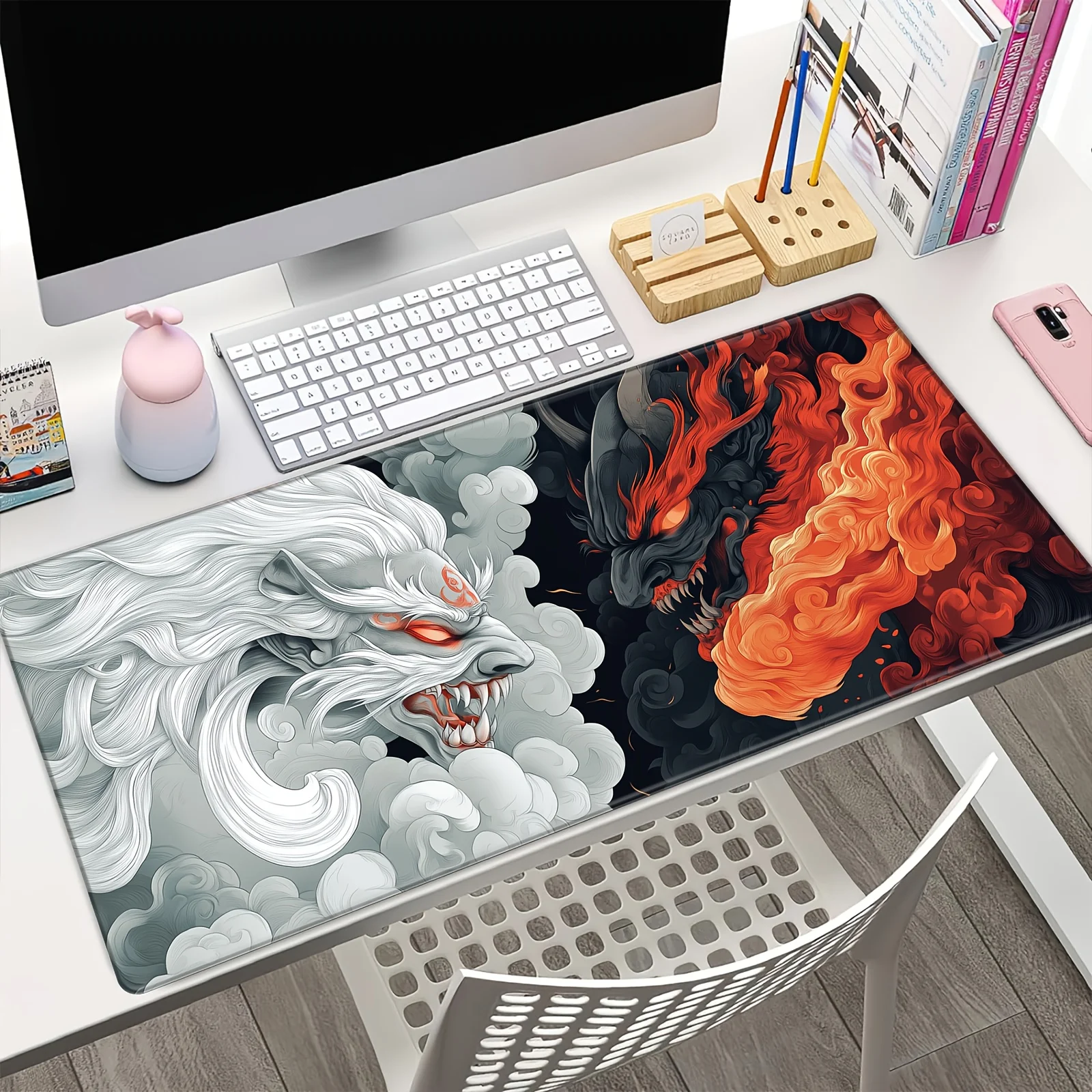 

Японский дизайн с рисунком дьявола, большой игровой коврик для мыши, настольный коврик, нескользящий игровой коврик с прошитыми краями, клавиатура, коврик maus, офисный коврик