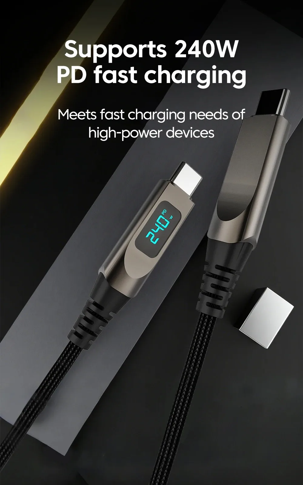 Digital Display USB C to USB C Cable 5A Type C to Type C Nylon Braided Data Cord PD Fast Charging for iPhone15 16 Samsung Xiaomi