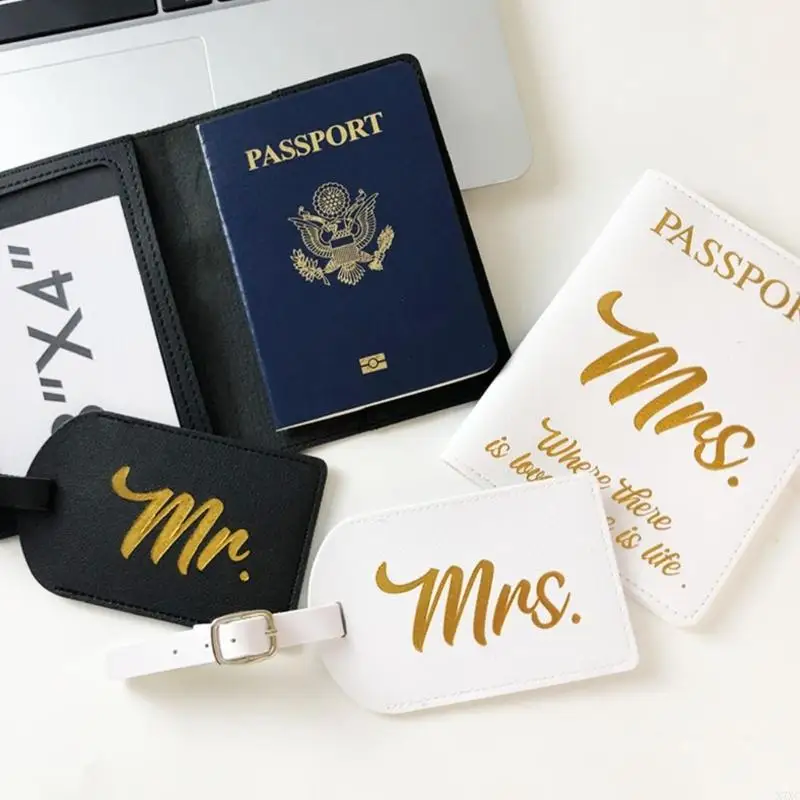 X7XC Mr Mrs PU Leather Case Holder Luggage Tag Travel Credit Card Protector Wedding Gift for Women Men Lover Couple