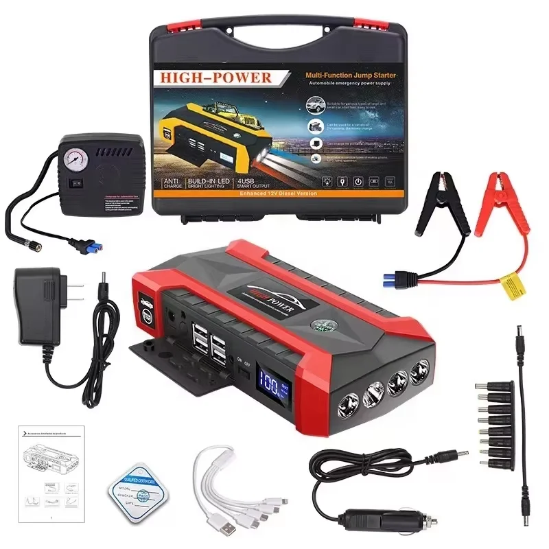 

New Arrive Hot Sale Portable Car Jump Start 89800mAh 4 USB Battery Jump Starter Car Jump Starter Power Bank With air Pump