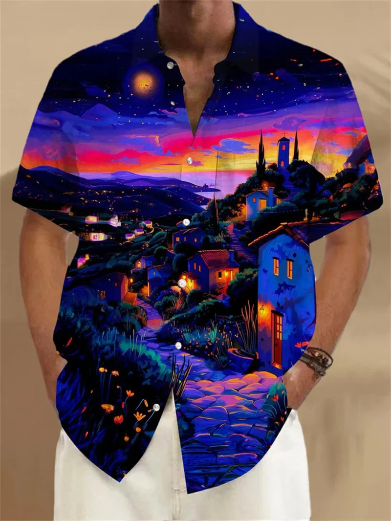 

2025 men's shirt lapel top fashionable men's Hawaiian shirt short sleeved street wear 3D printed striped patch