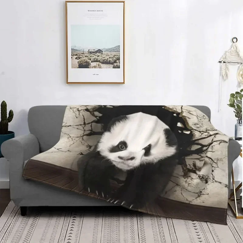 

3D Printed Panda Go Through Broken Wall Blankets Comfortable Soft Flannel Autumn Animal Throw Blanket for Sofa Home Bedroom