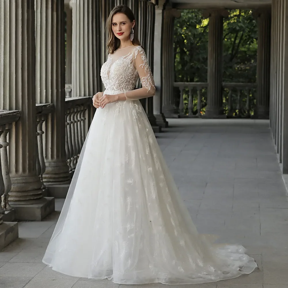 플라빈케 맞춤형 O넥 레이스 스커트 웨딩드레스 여성용 긴팔 오픈 백 보헤미안 A라인 브라이덜 가운 웨딩드레스