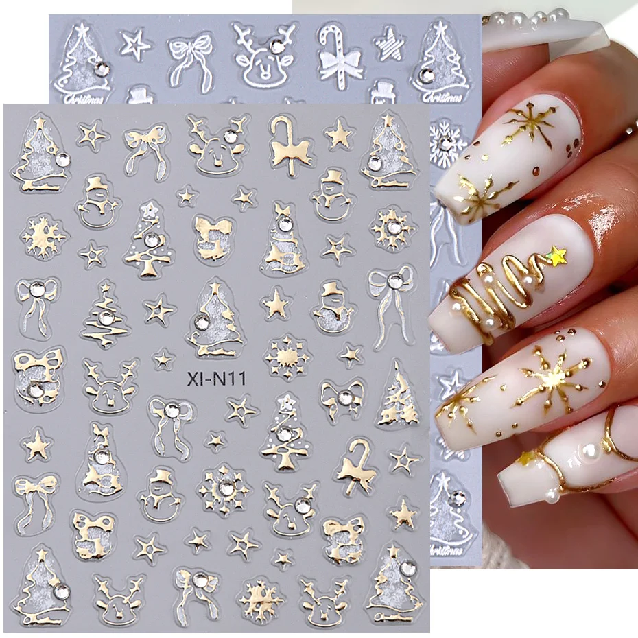 5D Bronzing Christmas Nail Stickers Gold White Christmas Tree Bowknot Deer Crystal Ball Stars Rhinestone Holographic Manicure