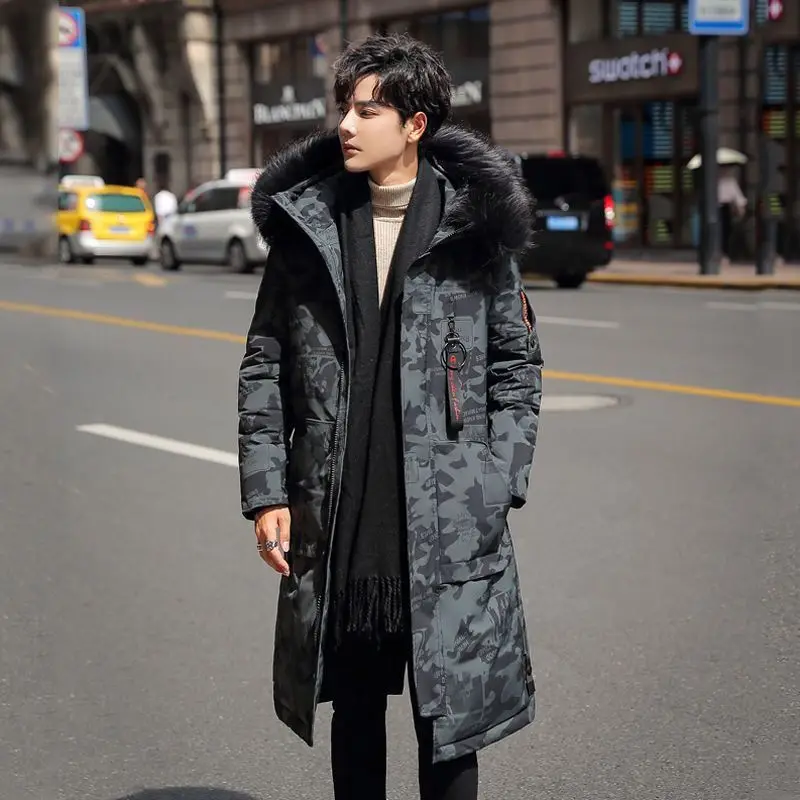 Winter Men\'s Big Fur Hood Long Puffer Jackets Fashion Camouflage Thick Warm 90% White Duck Down Padded Overcoats Male