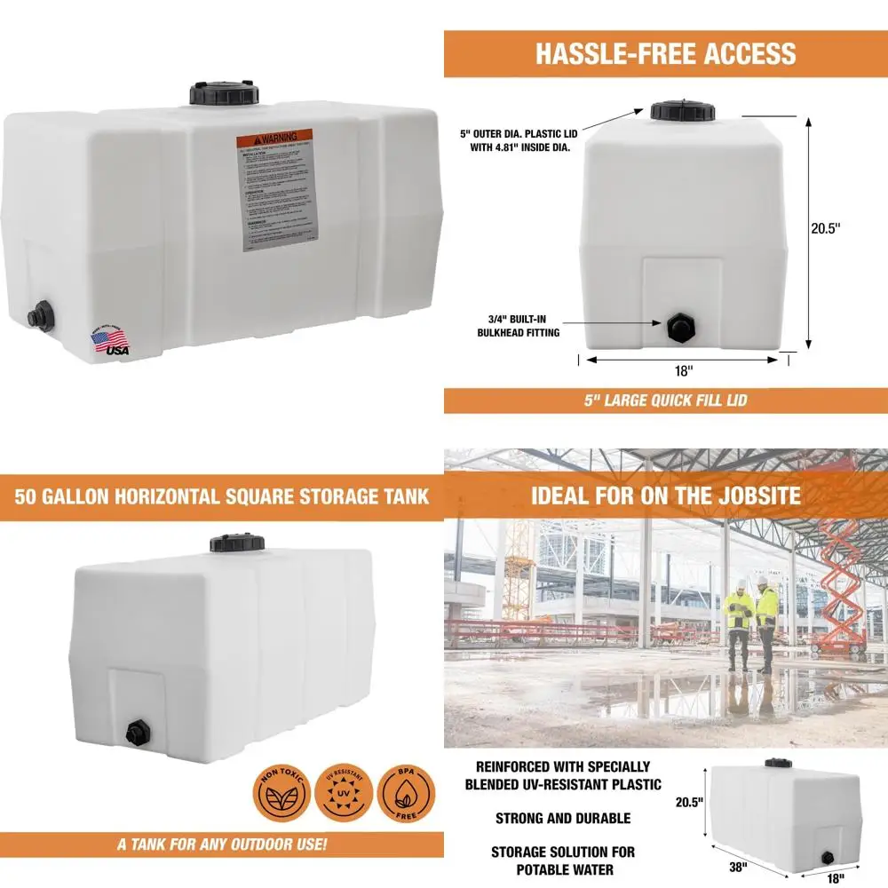 خزان مياه مربع أفقي سعة 50 جالونًا، صنع في الولايات المتحدة الأمريكية، بولي إيثيلين طبيعي، تخزين سائل غير قابل للاشتعال، جودة عالية،