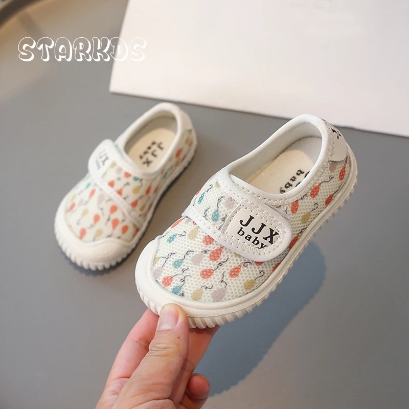 Colorful Balloon Print Mesh Shoes Kids Girls Breathable Knitted Loafers Baby Child Casual Slip-on Net Sneakers with Hook & Loop