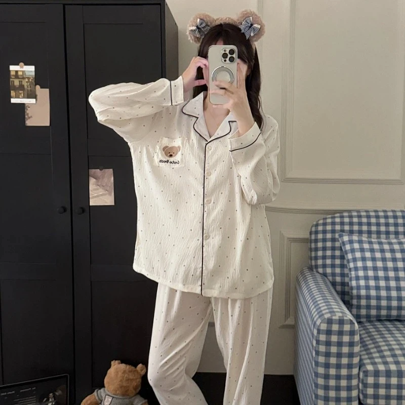 

Sweet Cute Embroidery Letter Bear Pajamas Set Kawaii Strip Dog Print Pajamas Set for Women Lapel Neck Autumn Winter New Homewear