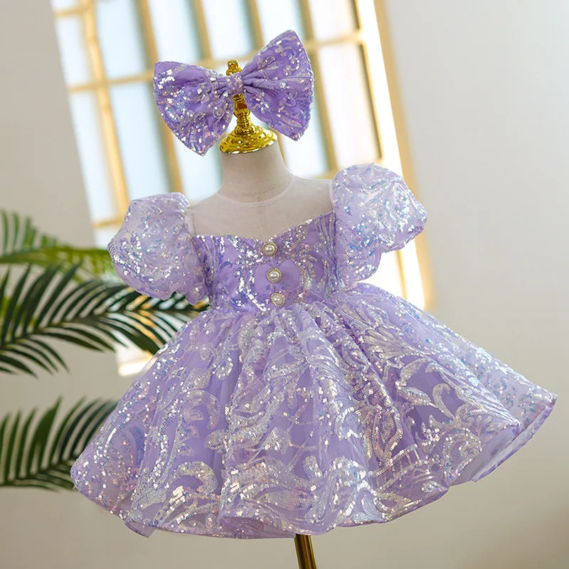 Bling lila Pailletten Prinzessin Ballkleid Kleid für Mädchen Geburtstag Karneval Festzug Party kleid für 2-14 Jahre Kinder süß – Detail 7
