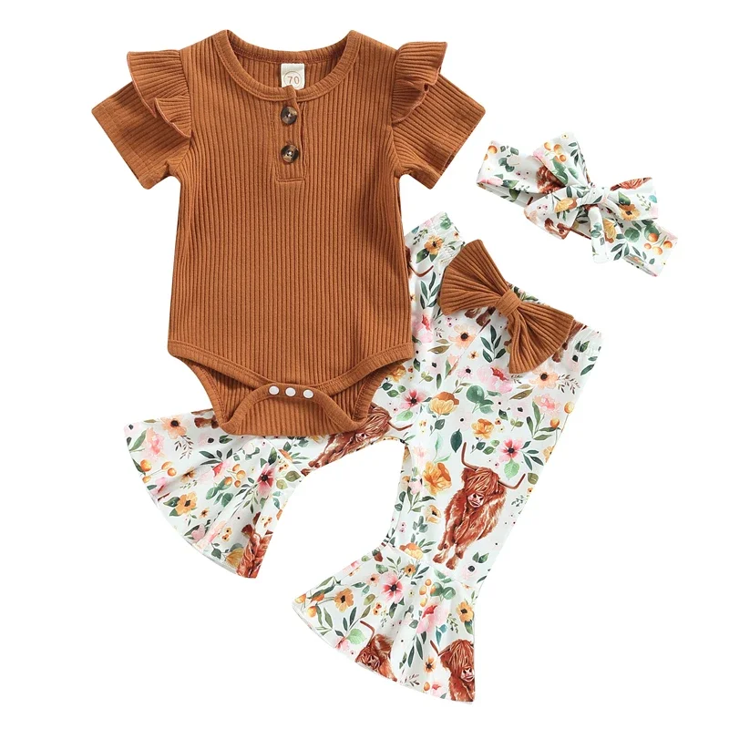 Baby Girls Jumpsuits Set Summer Short Sleeves Romper and Casual Floral Flared Pants Headband