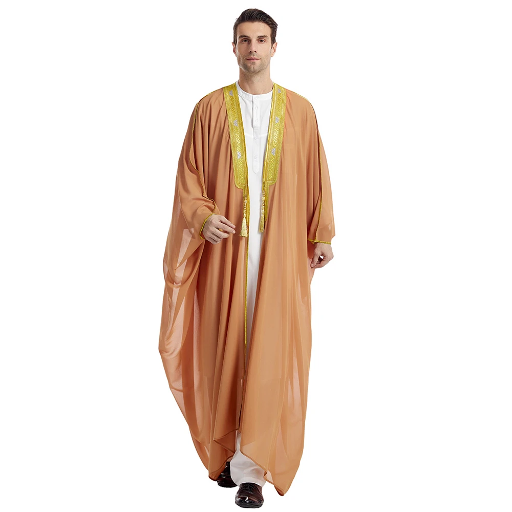 2024 New Islam Clothing Men Robe Chiffon Muslim Abaya Kimono Dubai Saudi Robe Prayer Abaya Kaftan Ramadan Jubba Thobe Caftan