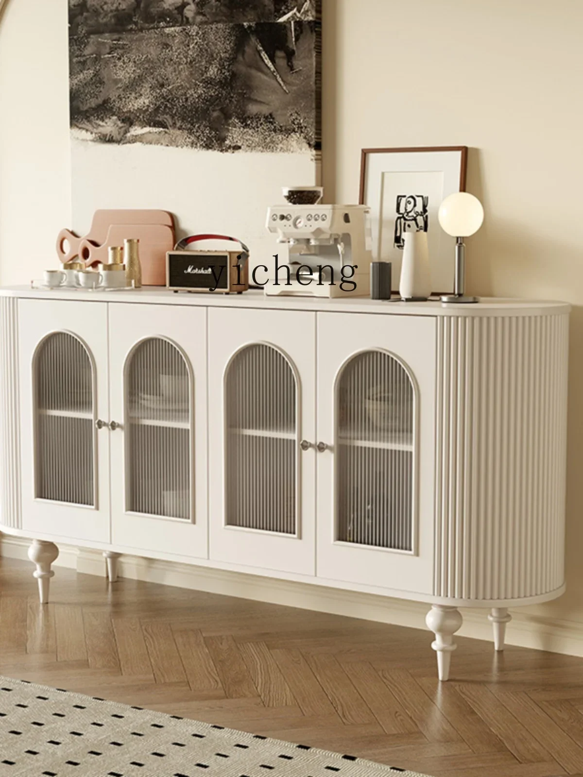 

Cream Style Sideboard Cabinet Living Room Solid Wood Storage Changhong Glass Retro Four-Door Cabinet
