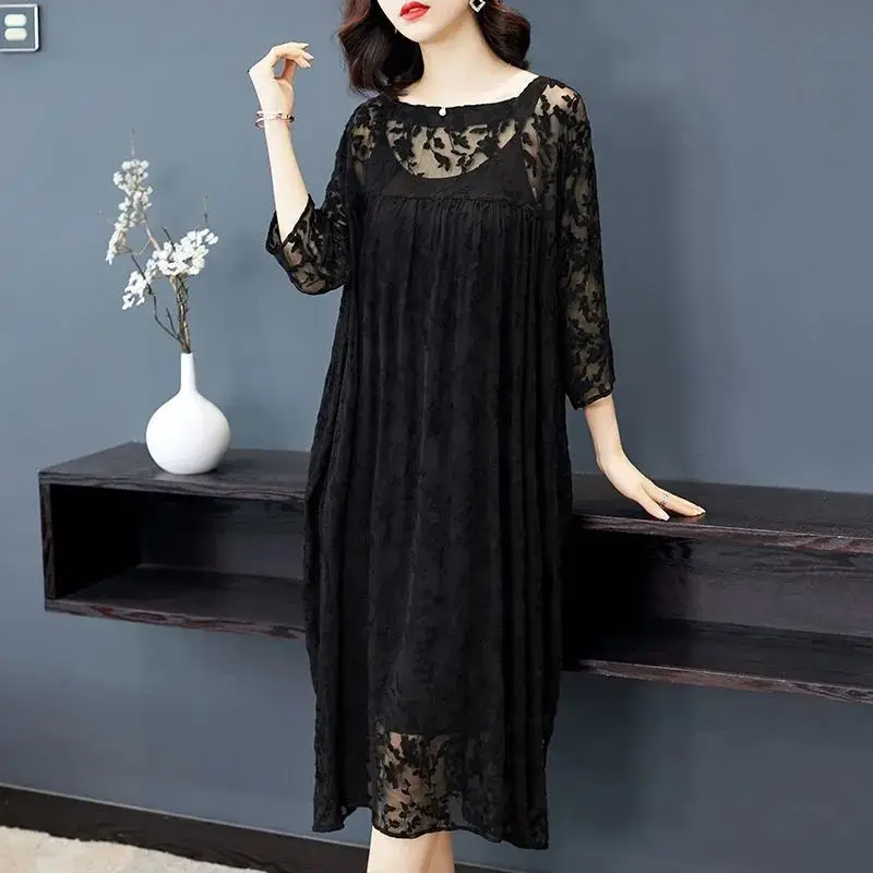 

Fashion Summer Sexy Lace Midi Dress Women's Clothing Round Neck Loose Elegant A-Line Casual Spliced Commute 3/4 Sleeve Dresses