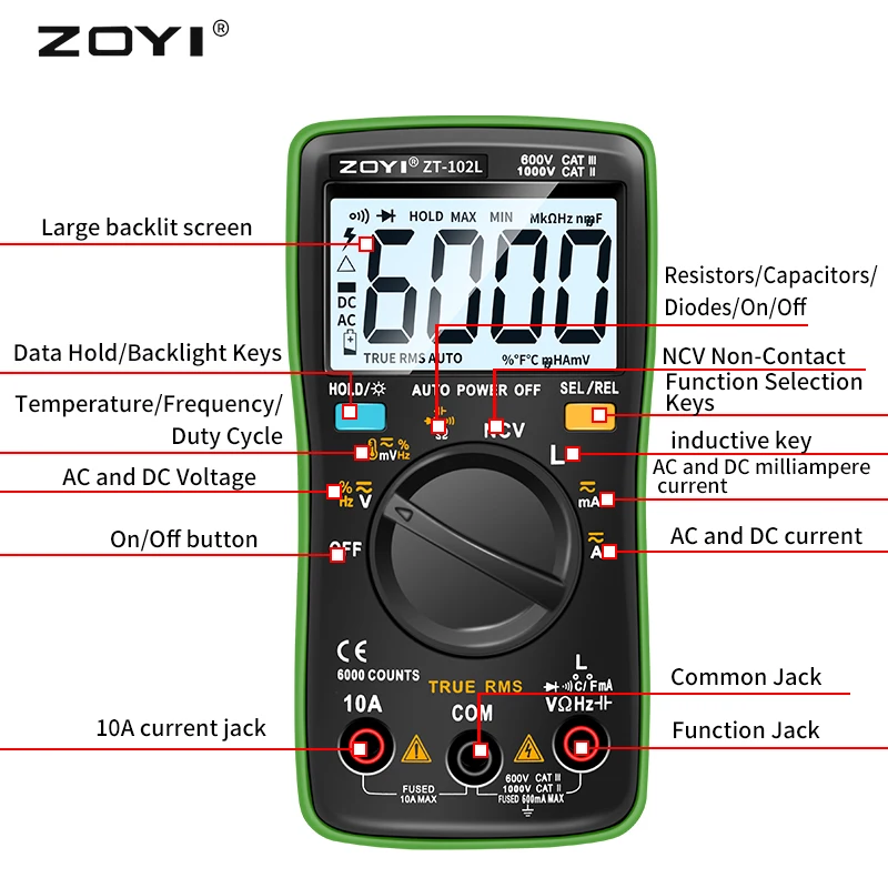 ZOYI T102L Digital Multimeter 6000 Counts Electrical Meter Transistor Tester Auto Rang AC/DC Voltage Process Calibrator