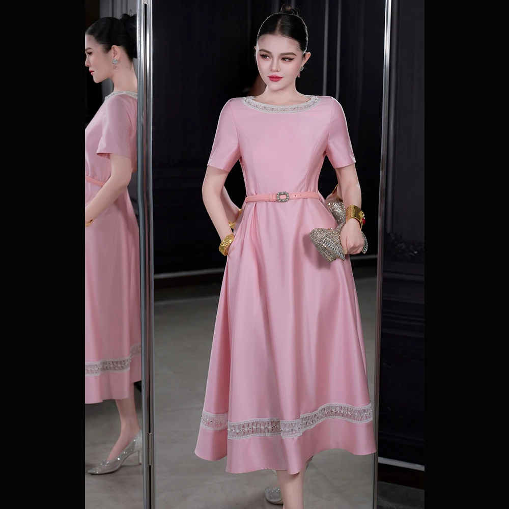 

Meyyithun Women's Dress High-end Spring & Summer New Exquisite Lace-trimmed O-neck Short-sleeved Waist-cinched Midi Dress