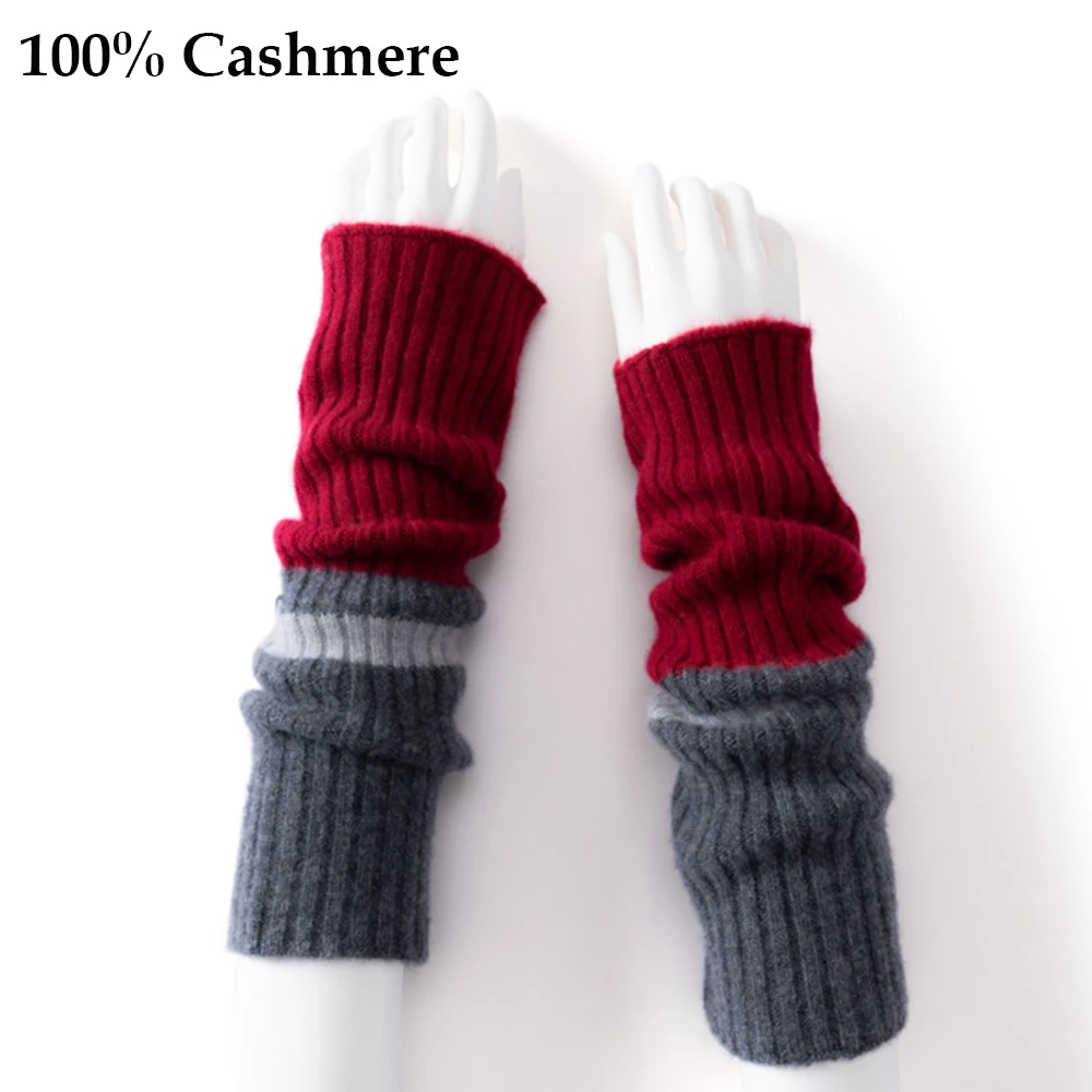 manchons-de-luxe-pour-femmes-100-cachemire-tricotes-sans-doigts-manches-longues-style-decontracte-chauds-a-blocs-de-couleurs-automne-hiver-mitaines-a-revers